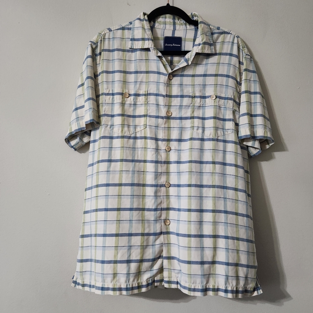 Tommy Bahama White and Blue Plaid Shirt Size Medium Silk Mens Casual Button Up